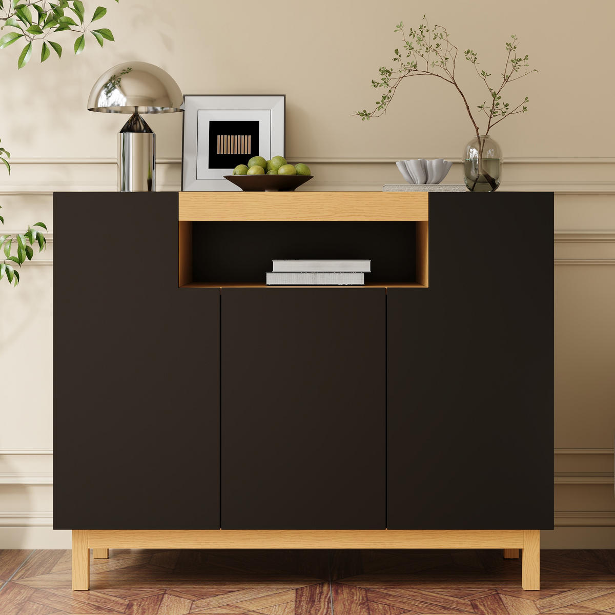 SIDEBOARD 3 Türen Wohnzimmer Esszimmer - Schwarz, Holzwerkstoff (120.5/96/42cm) - LEBENLANG