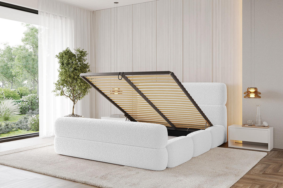 POLSTERBETT mit Bettkasten, Fußteil und Lattenrost, Bett mit Matratze H3/H4 - ELVA-Z 180x200 Weiß - Weiß, Holzwerkstoff/Textil (180/200cm) - ALTDECOR