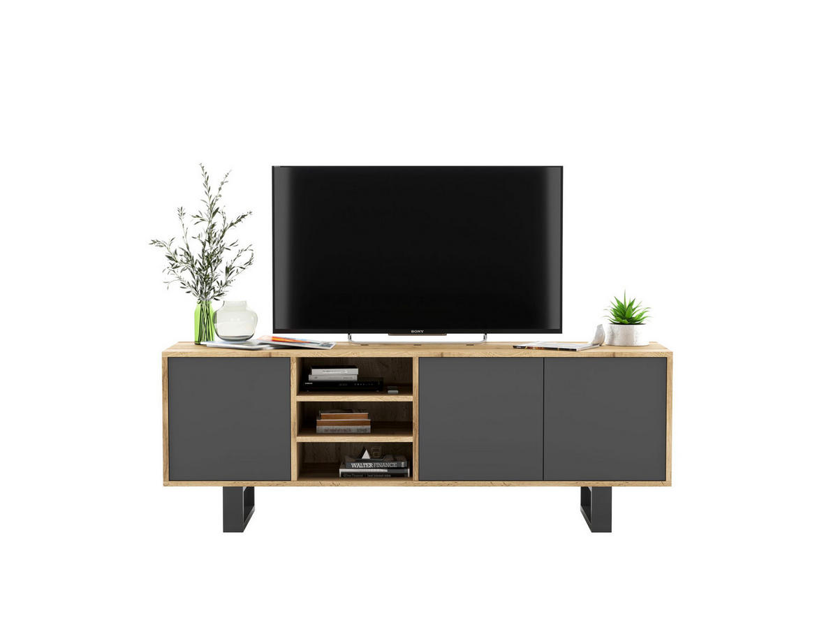 TV-LOWBOARD Apollo Eiche wotan Graphit Matt mit Metallbeinen 150 cm - Graphitfarben/Schwarz, Holzwerkstoff/Metall (150/53/35cm) - Meble Lindner
