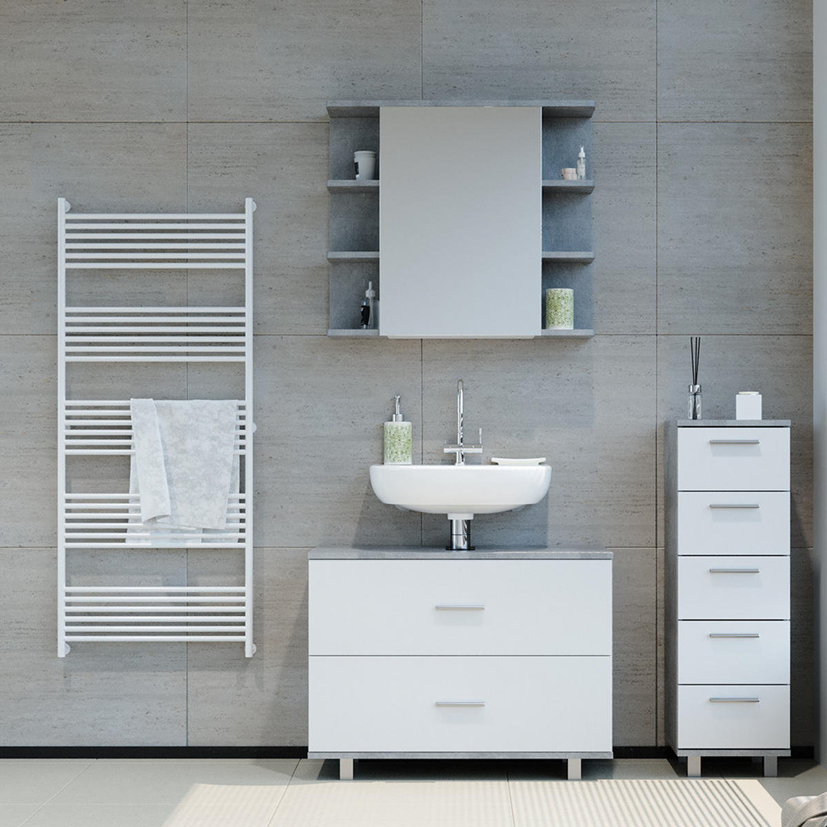 BADMÖBEL-SET Ilias Beton/Weiß 3 Teile, mit Unterschrank 80 cm - Weiß/Grau, Holzwerkstoff (80/60/33cm) - Vicco