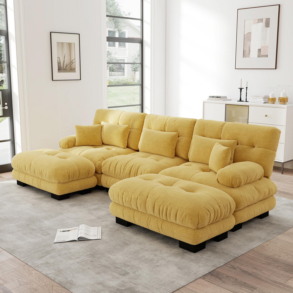 WOHNLANDSCHAFT Chenille Gelb mit Ottomane - Gelb, Textil (313/81/145cm) - WISHDOR