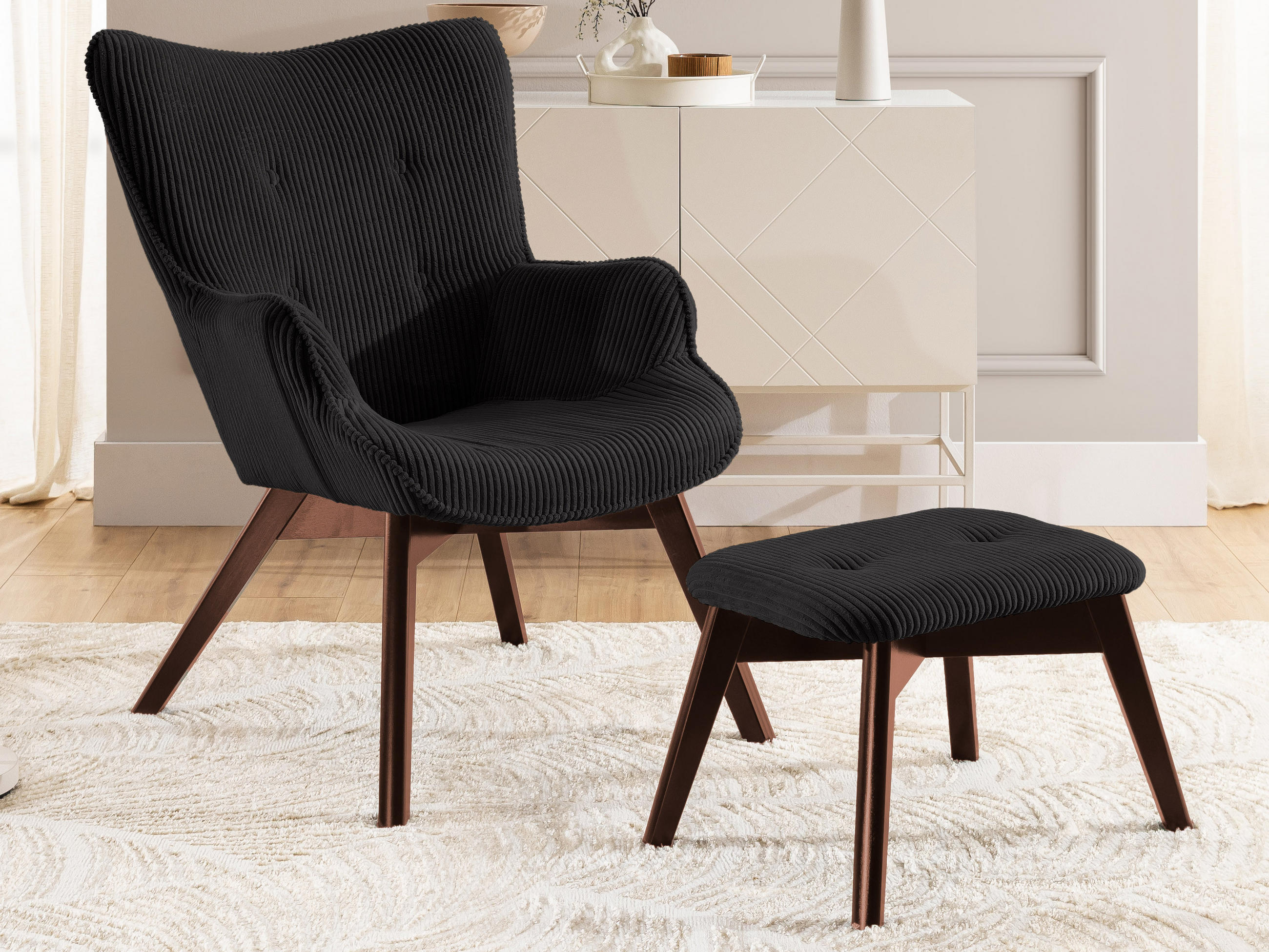 LOUNGESESSEL mit Fußhocker Lenari Schwarz Cordstoff mit Füßen in Braun - Schwarz/Braun, Holz/Textil (71/96/86cm) - S-Style Möbel