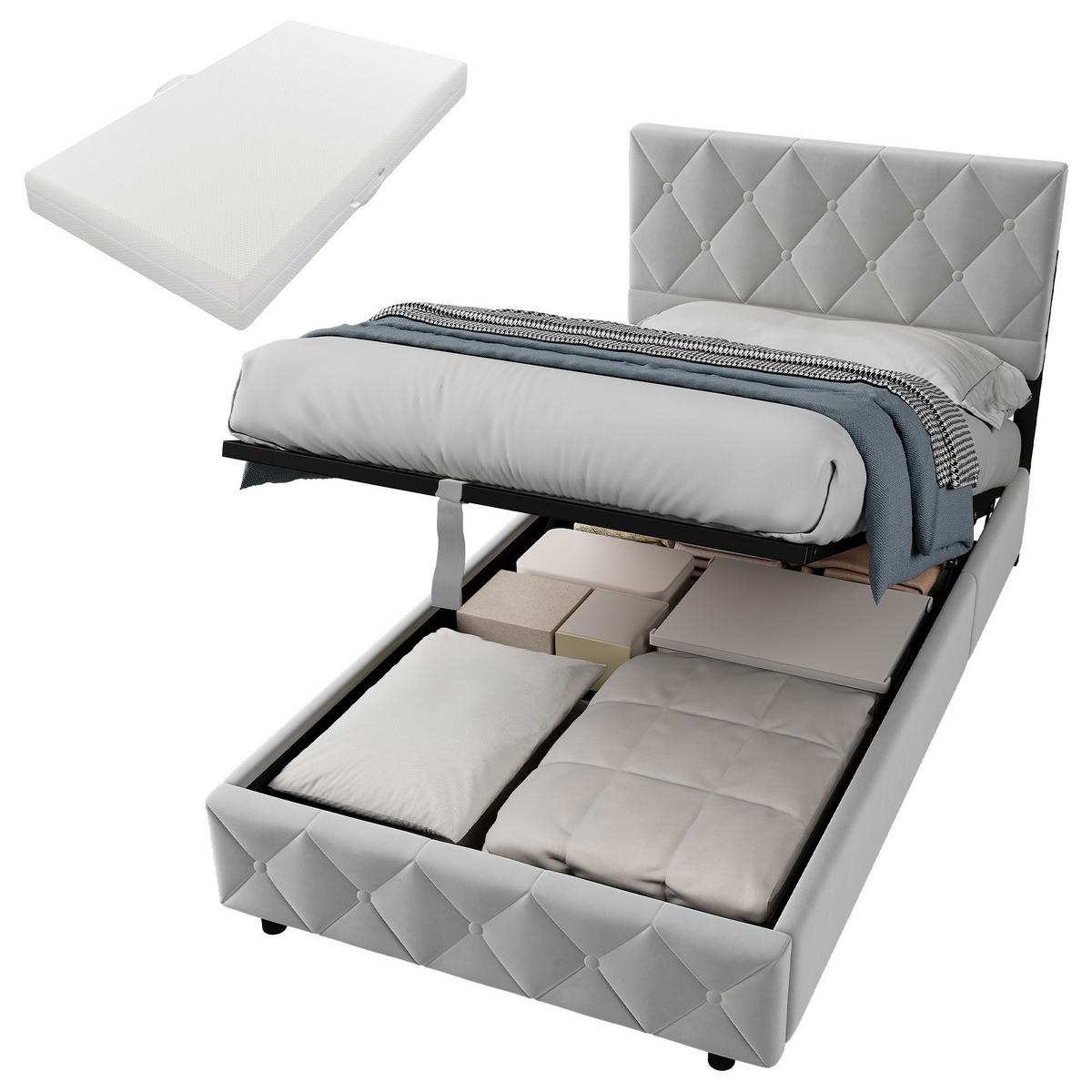 POLSTERBETT 90/190 cm mit Samtbezug in Grau, Rauten-Knopftuftung, geräuschdämpfender Lattenrost - Grau, Textil (90/190cm) - OKMYHOME