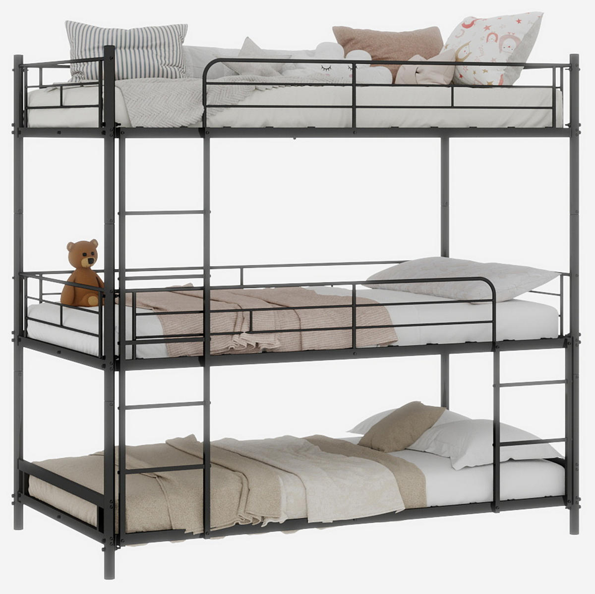ETAGENBETT für 3 Schlafplätze mit Leitern und Schutzgittern Eisen Schwarz - Schwarz, Holzwerkstoff (90/190cm) - Beauniv