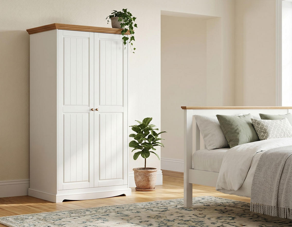 KLEIDERSCHRANK Belluno Elegante Kiefer weiß (RAL9010) lackiert / Kiefer gebeizt, Eichefarben 107 / 64 / 190cm - Eichefarben/Weiß, Holz/Metall (107/190/64cm) - Feldmann-Wohnen