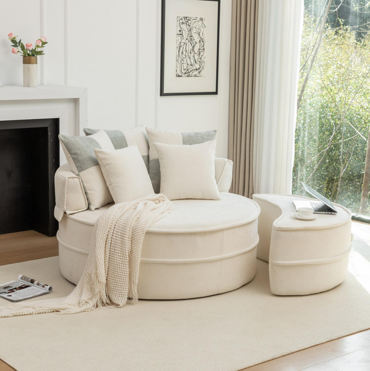 LOUNGESESSEL 121/107/42 cm mit Ottomane, 5 Kissen und Chenille-Bezug, Beige - Beige, Kunststoff (121/66/163cm) - Redom