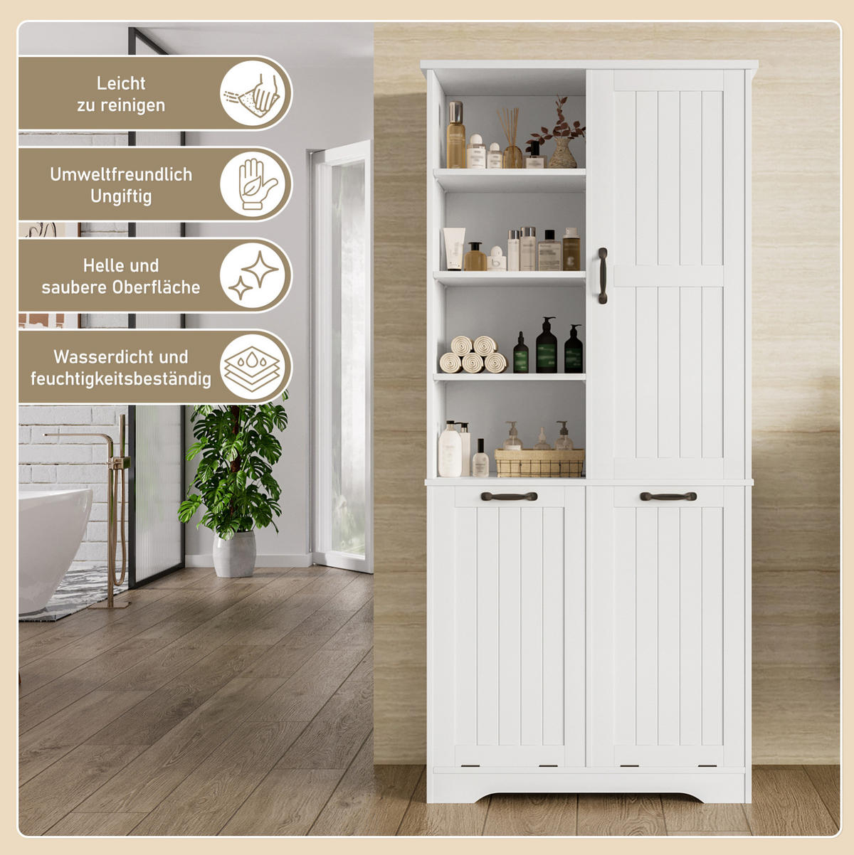 HOCHSCHRANK 78/35/172,7 cm aus MDF mit doppeltem Wäschekorb Weiß - Weiß, Holzwerkstoff (78/172.7/35cm) - Modenvie