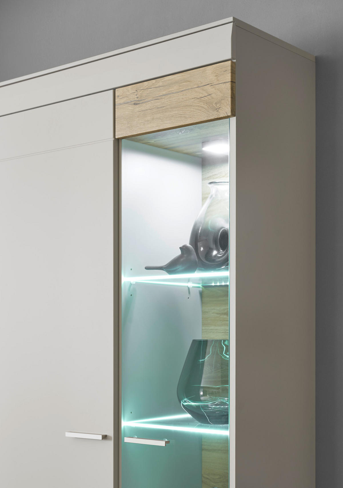 WOHNWAND grau matt, Zinneiche 3-teilig 300 cm, Wohnzimmerschränke mit Soft-Close-Funktion - Eichefarben/Silberfarben, Glas/Holzwerkstoff (300/170/45cm) - Furn.Design