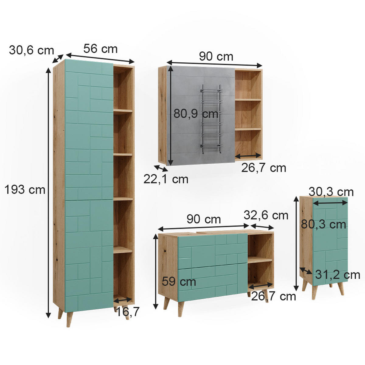 BADMÖBEL-SET Rudi Mintgrün 4 Teile, mit Hochschrank - Eichefarben/Mintgrün, Holzwerkstoff (90/59/32cm) - Vicco