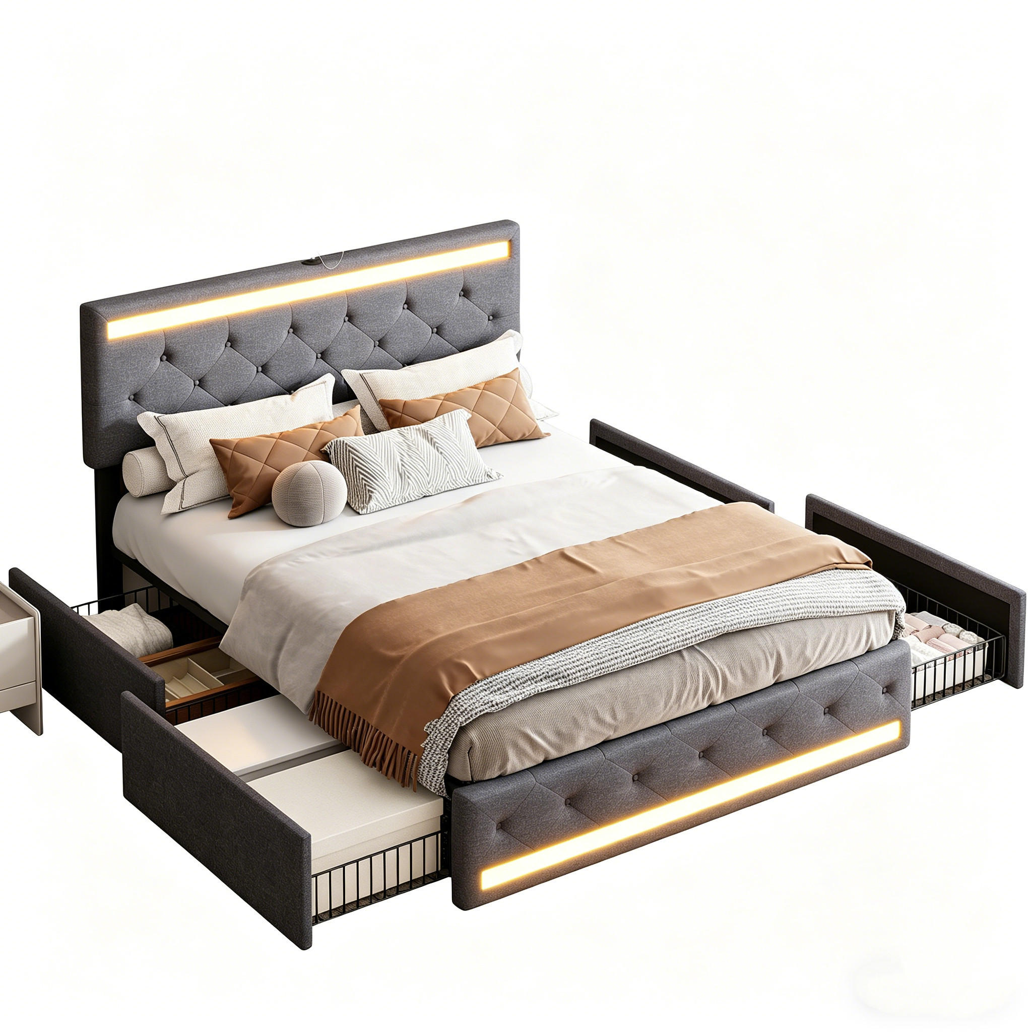 BETT 140x200 mit 4 Schubladen LED Leinen Polsterbett Dunkelgrau - Grau, Holz (140/200cm) - PARAFTA HOME
