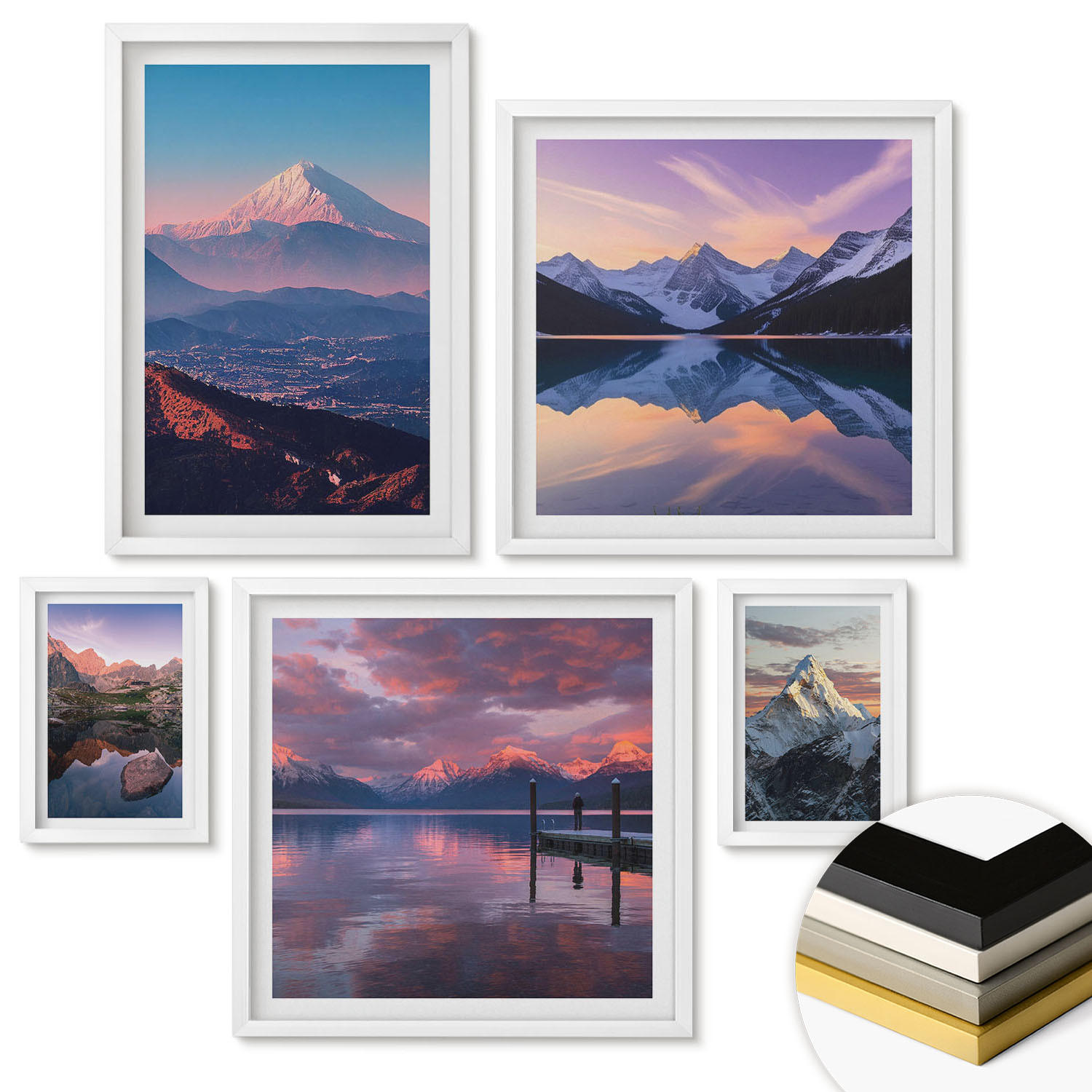 WANDBILDER 5er-Set - 50x50 cm & 20x30 cm & 40x60 cm Weißer Rahmen - Nachtstadt mit Neonlichtern - Weiß, Kunststoff (40/60cm) - ArtPrintCave