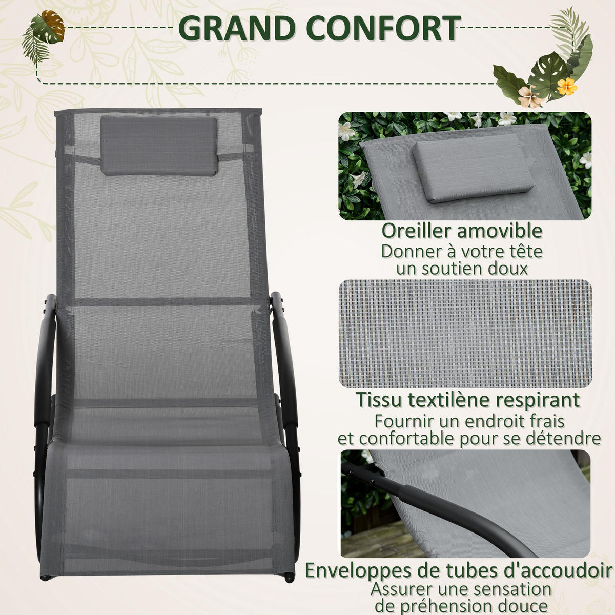 GARTENSCHAUKELSTUHL DE-15254 ergonomisch mit Kopfstütze und Armlehnen Grau - Grau, Metall (160/88/63cm) - ComfortXL