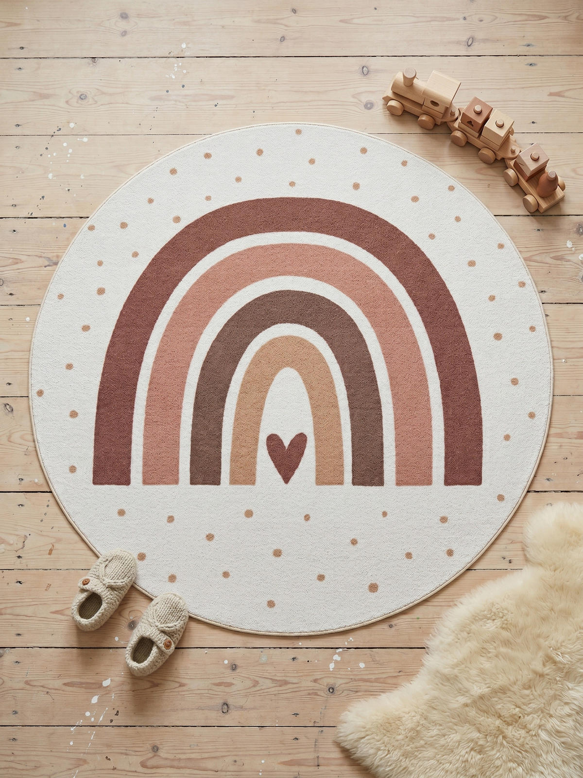 SPIELTEPPICH Waschbar TINO in Creme, mit Regenbogen- und Herz-Motiv, Ø 120 cm - Beige, Textil (120/120cm) - KADIMA DESIGN
