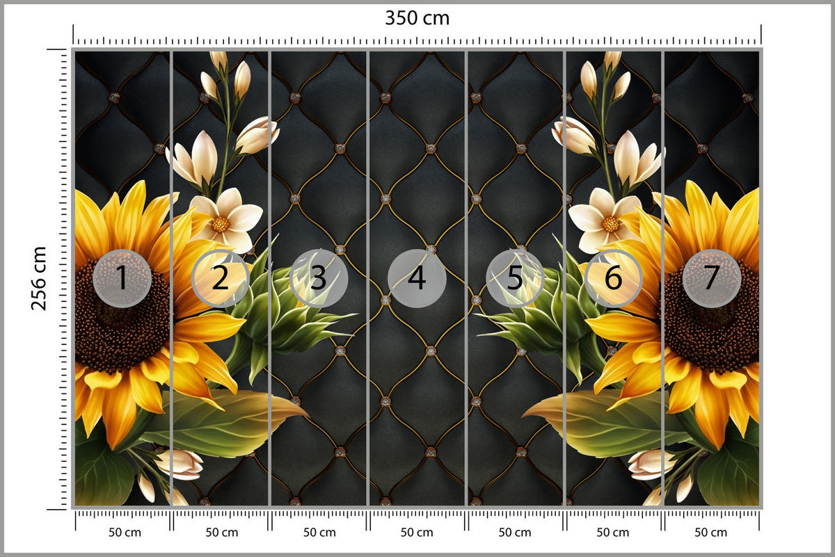 FOTOTAPETE für Küche Blume Sonnenblumen auf gestepptem Hintergrund 350x256 - Gelb/Schwarz, Papier (350/256cm) - Muralo