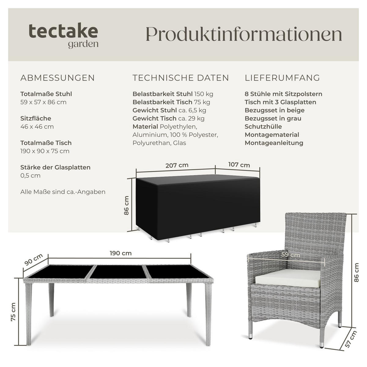 RATTAN-SITZGRUPPE aus Aluminium Menorca, inklusive Schutzhülle, hellgrau - Hellgrau, Kunststoff - tectake