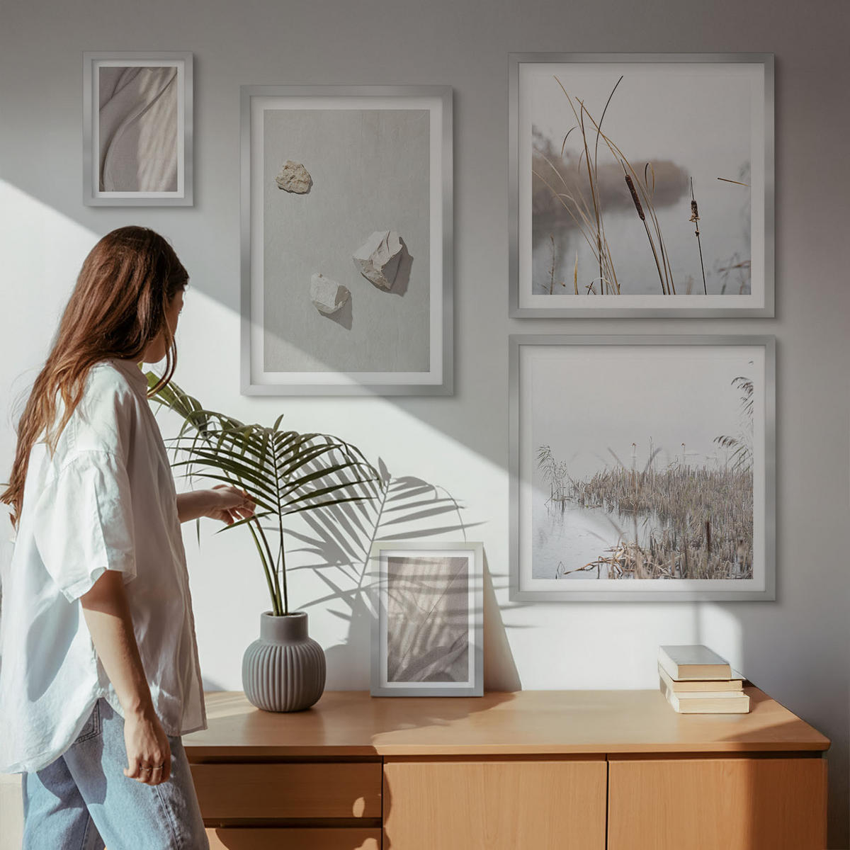 WANDBILDER 5er Set - 50x50 cm & 20x30 cm & 40x60 cm Silberner Rahmen - Nahaufnahmen der Struktur im Boho-Stil - Silberfarben, Kunststoff (40/60cm) - ArtPrintCave