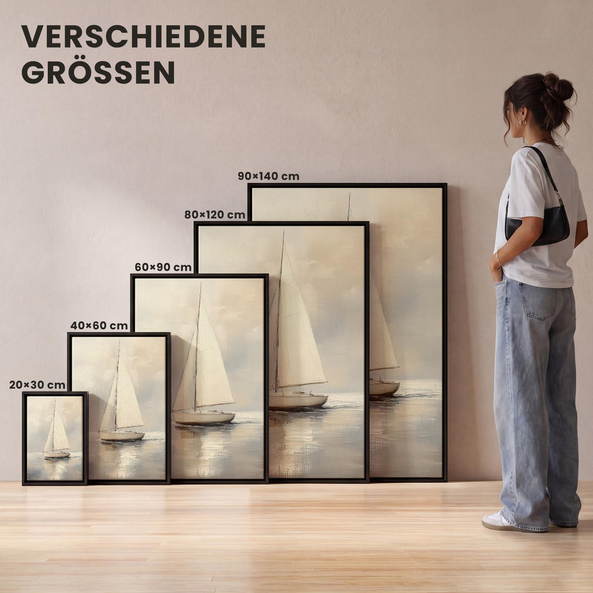 LEINWAND Bilder mit Rahmen - Segelschiff - Meer - Bewölkt - 100x150 - Creme, Textil (100/150cm) - MuchoWow