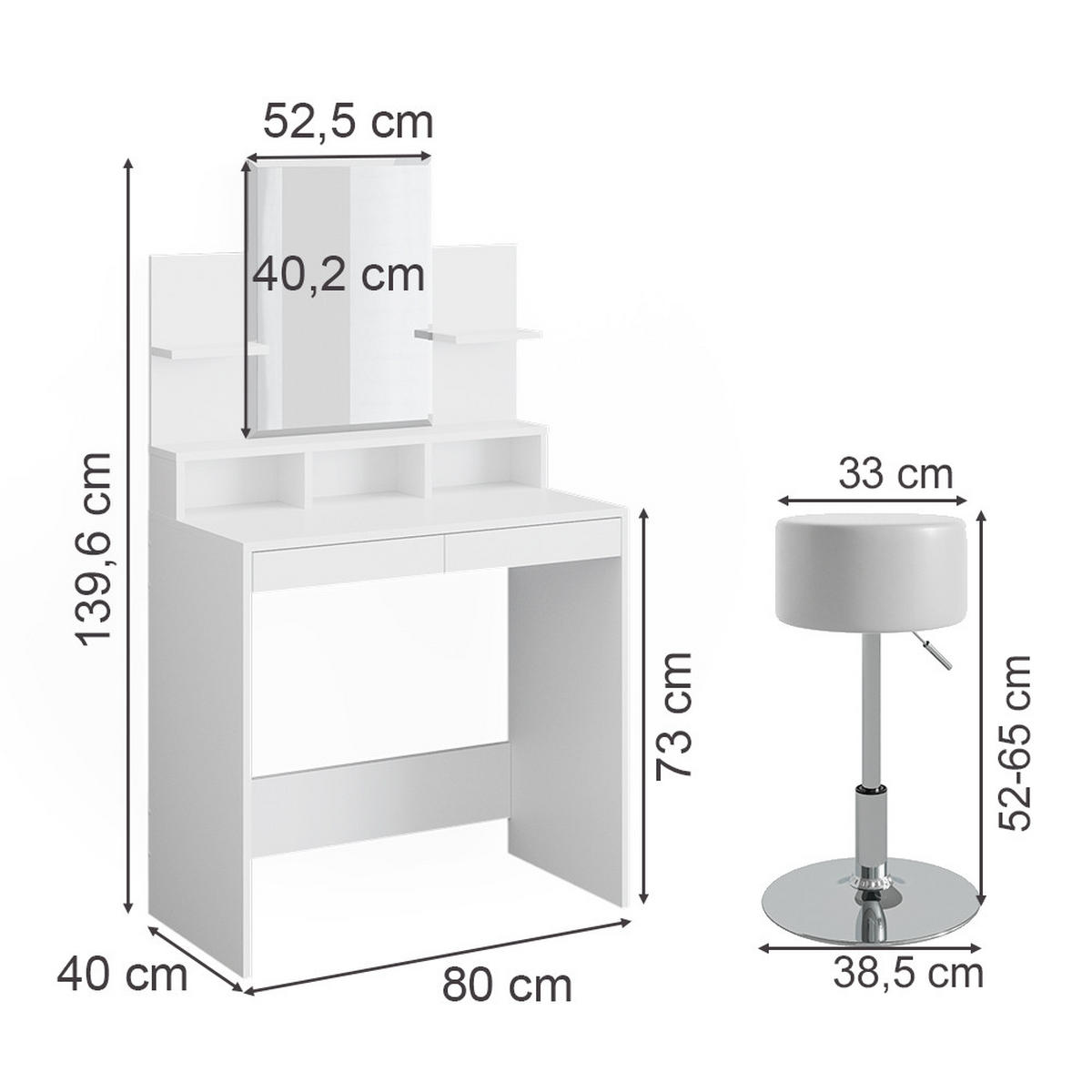 SCHMINKTISCH Ania Weiß 80 cm mit Hocker - Weiß, Holzwerkstoff (80/139.6/40cm) - Vicco