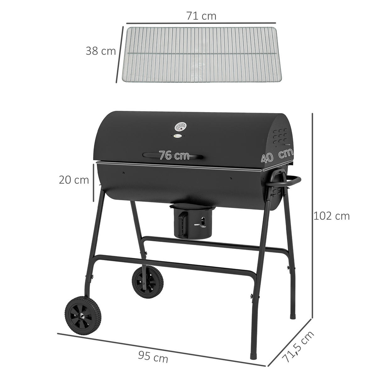 HOLZKOHLEGRILL aus Metall - Schwarz, Metall (71.5/102/95cm) - Outsunny