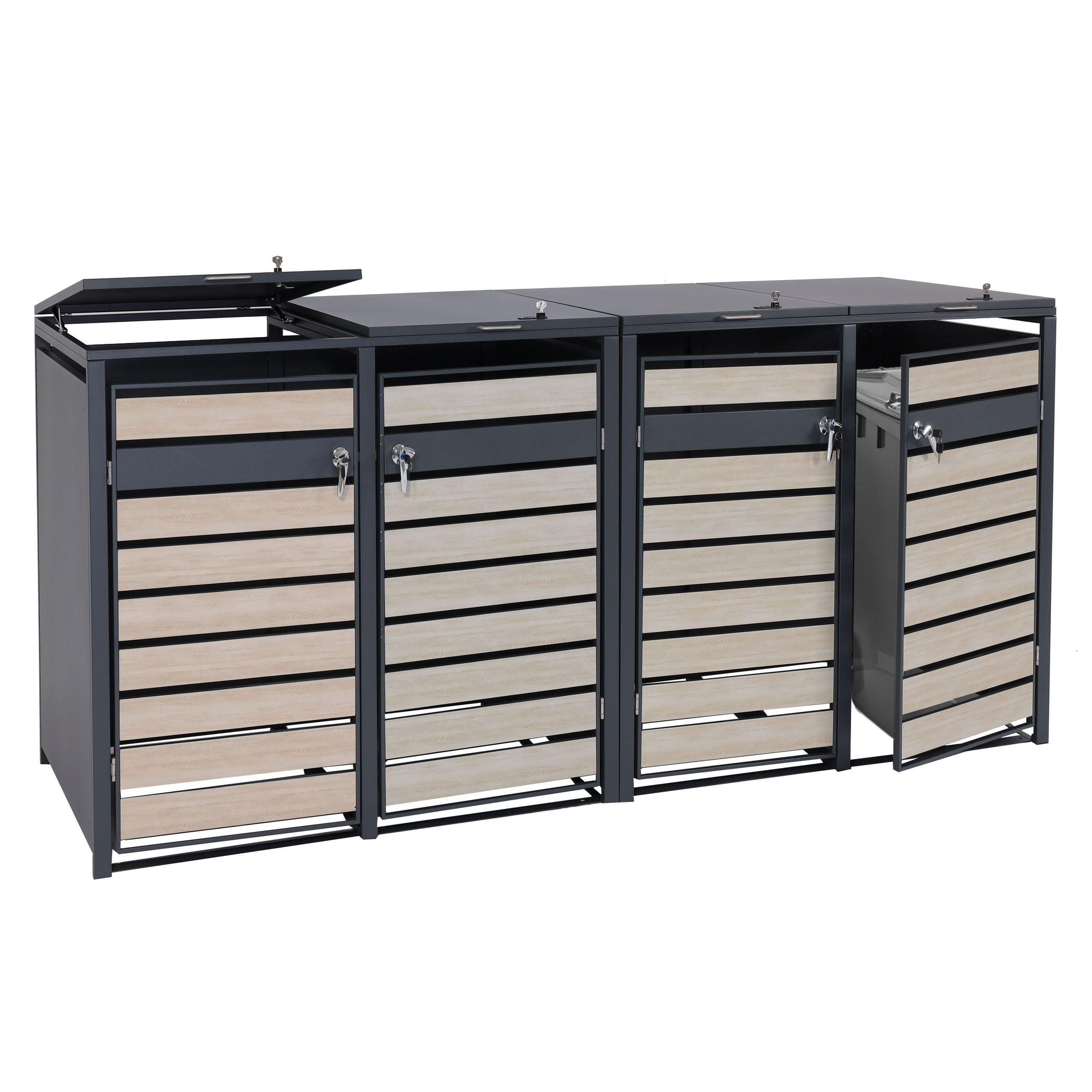 MÜLLTONNENBOX 4er 117x264x80cm Anthrazit Buche-Holzoptik Hellbraun - Hellbraun, Metall (264/117/80cm) - PROREGAL