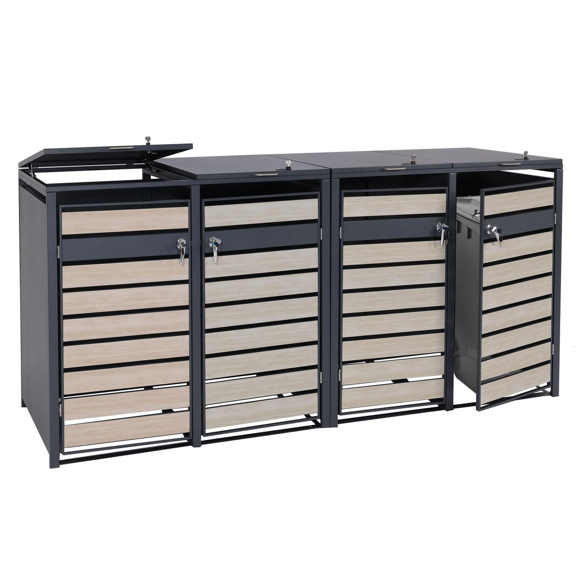 MÜLLTONNENBOX 4er 117x264x80cm Anthrazit Buche-Holzoptik Hellbraun - Hellbraun, Metall (264/117/80cm) - PROREGAL