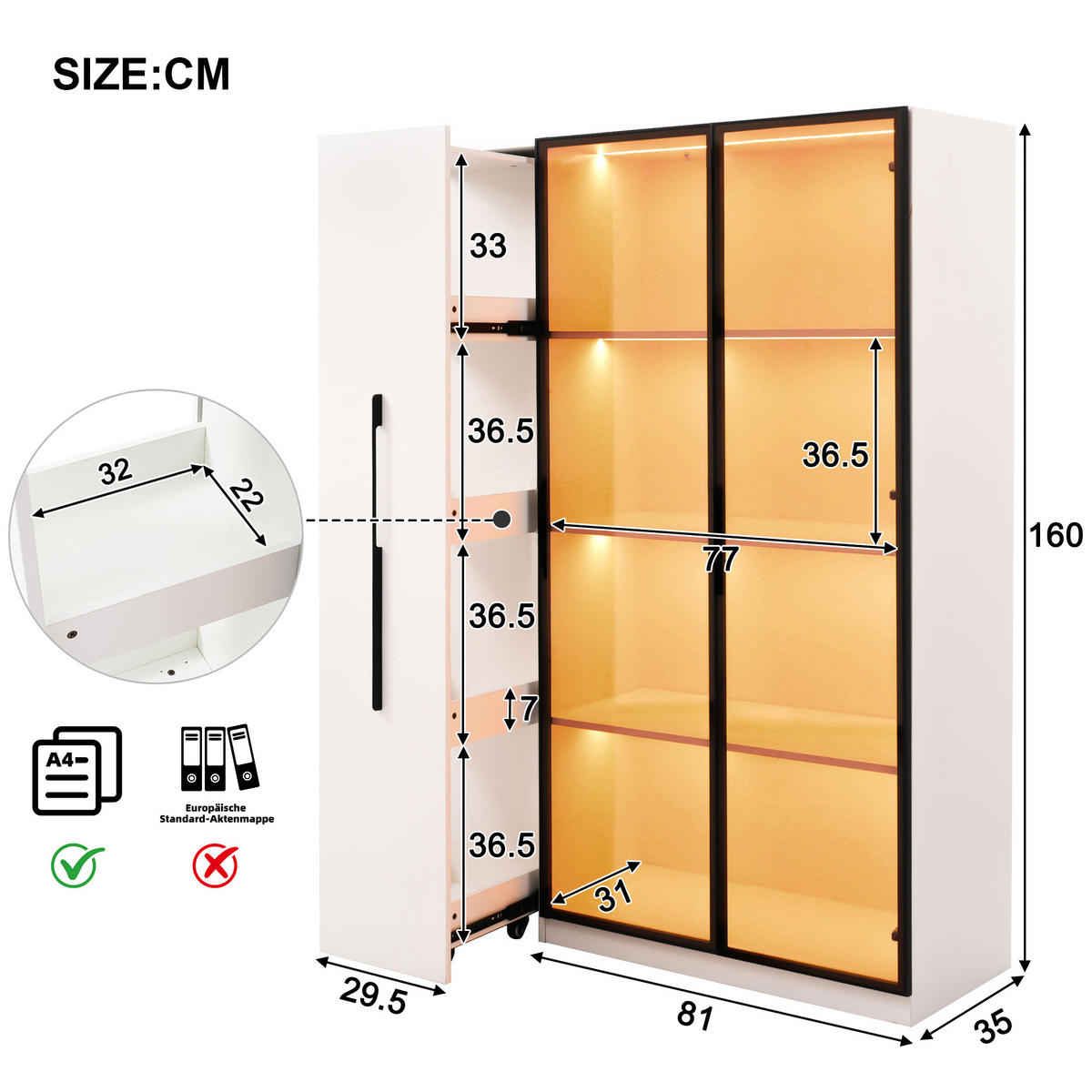 VITRINE 110cm Glastür LED Rollschrank französischer Stil - Weiß, Holzwerkstoff (110/160/35cm) - FLIEKS