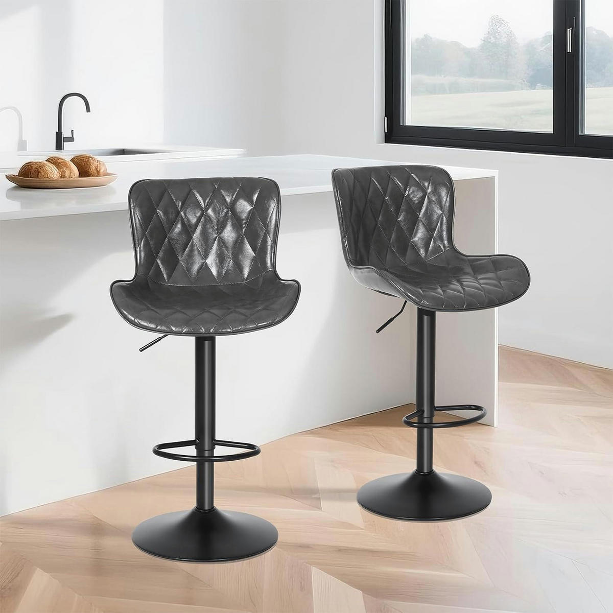 BARHOCKER 3er-Set dunkelgrau Leder mit Lehne und Fußstütze - Anthrazit, Leder (41/104/52cm)