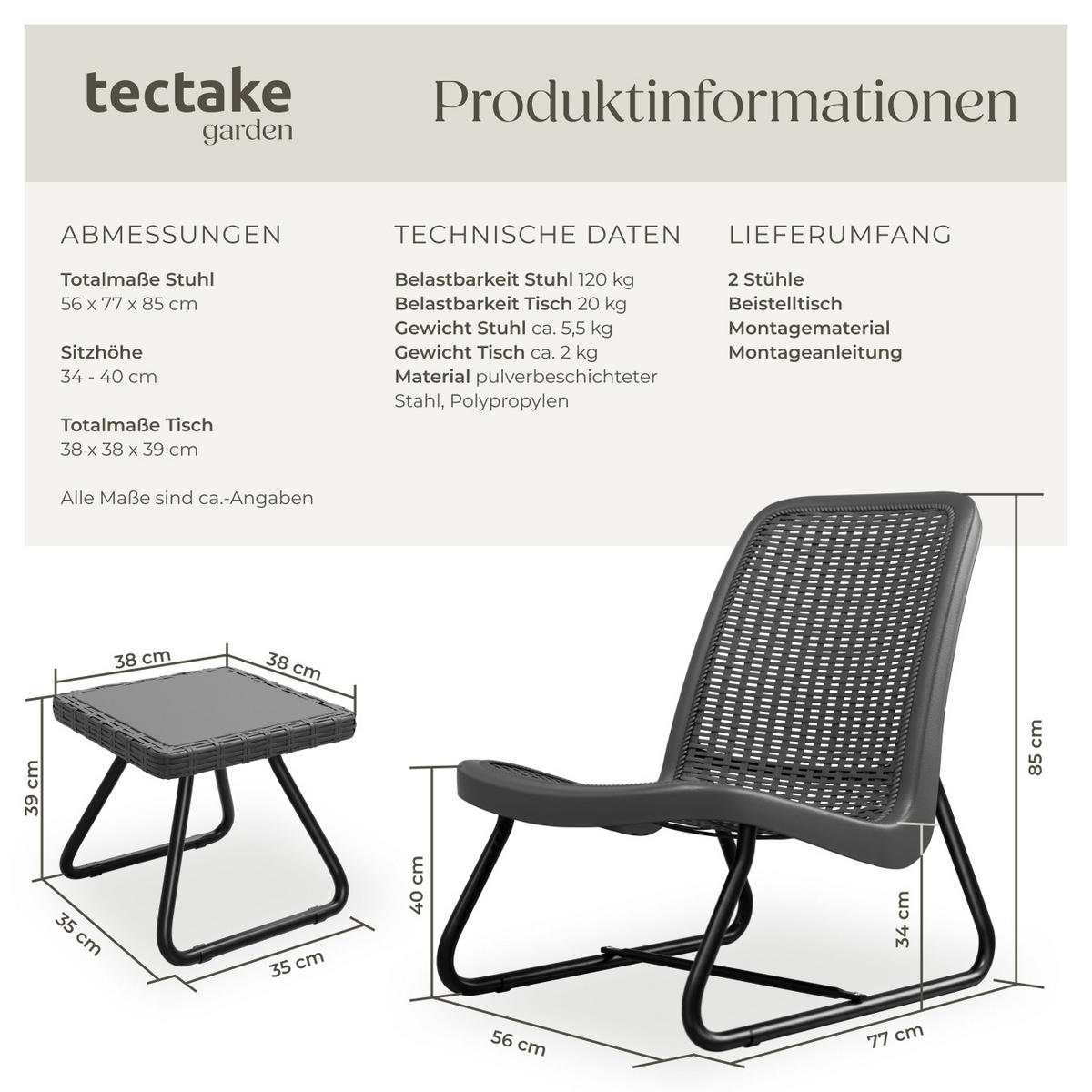 SITZGRUPPE Modica,Belastbarkeit Stuhl 120 kg, Schraubfüße,grau - Grau, Naturmaterialien/Textil - tectake