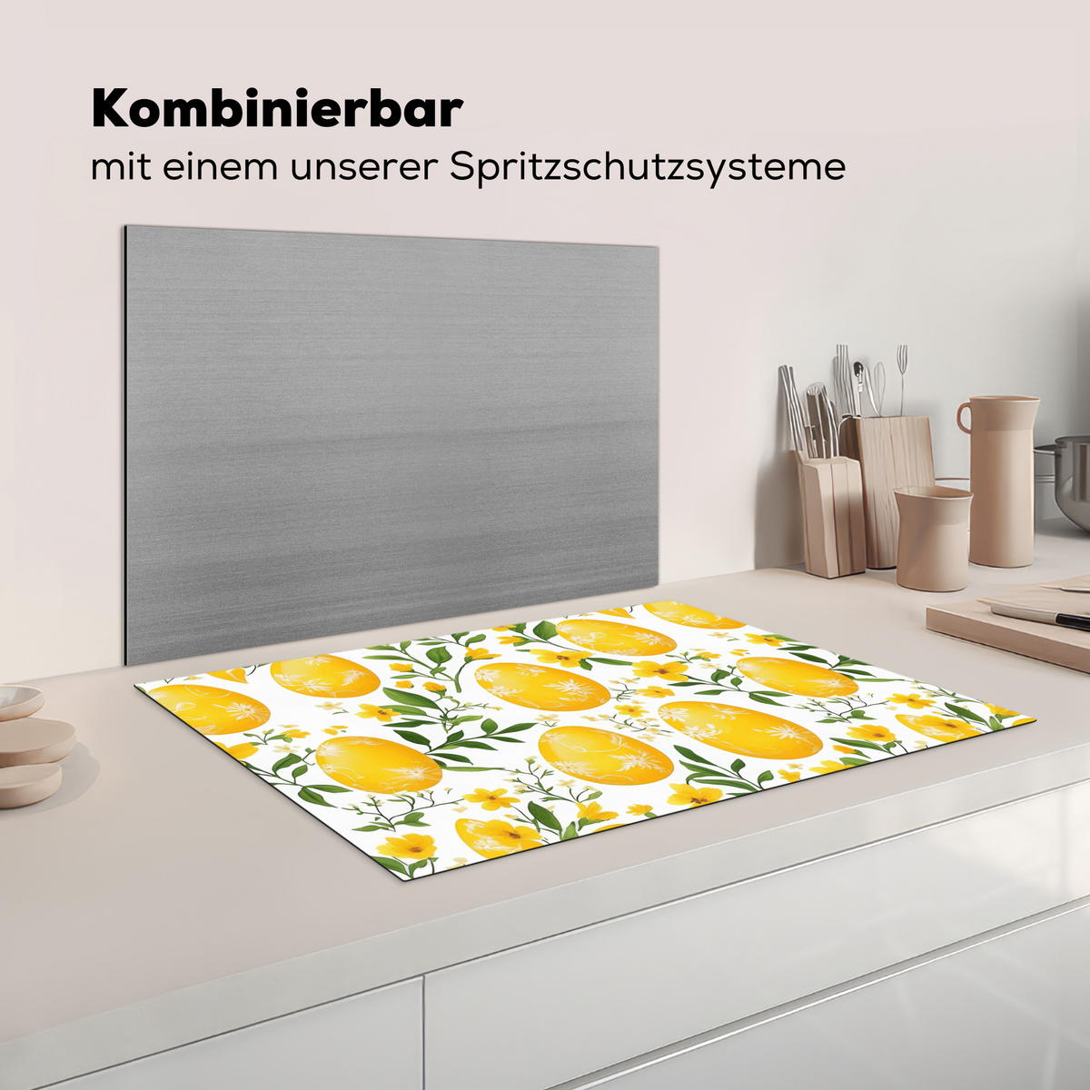 HERDABDECKPLATTE Blumen - Ostereier - Gelb Induktionsmatte 77x51 cm - Gelb, Kunststoff (77/51/0.2cm) - MuchoWow