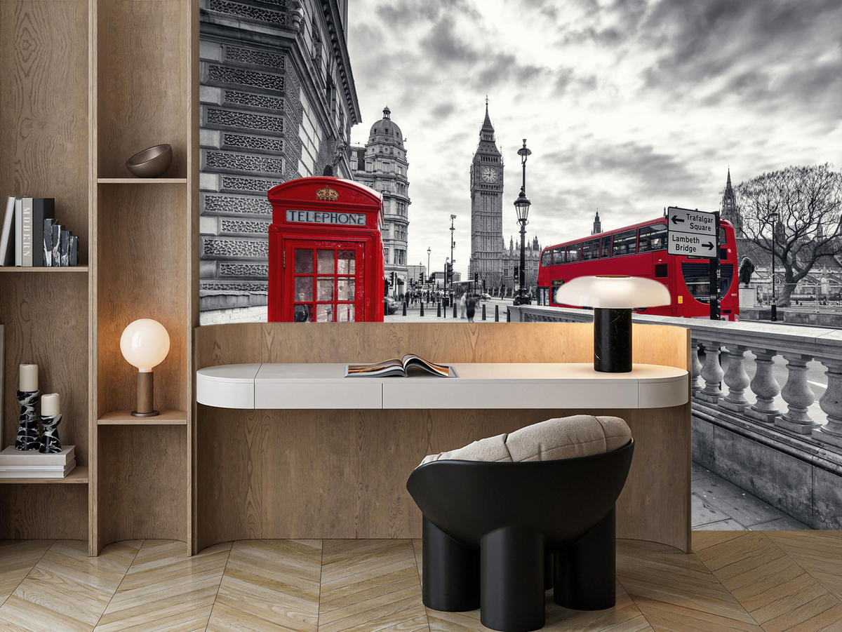 FOTOTAPETE für Wohnzimmer Rote Telefonzelle London Monument BIG BEN Bus 250x175 - Rot/Weiß, Papier (250/175cm) - Muralo