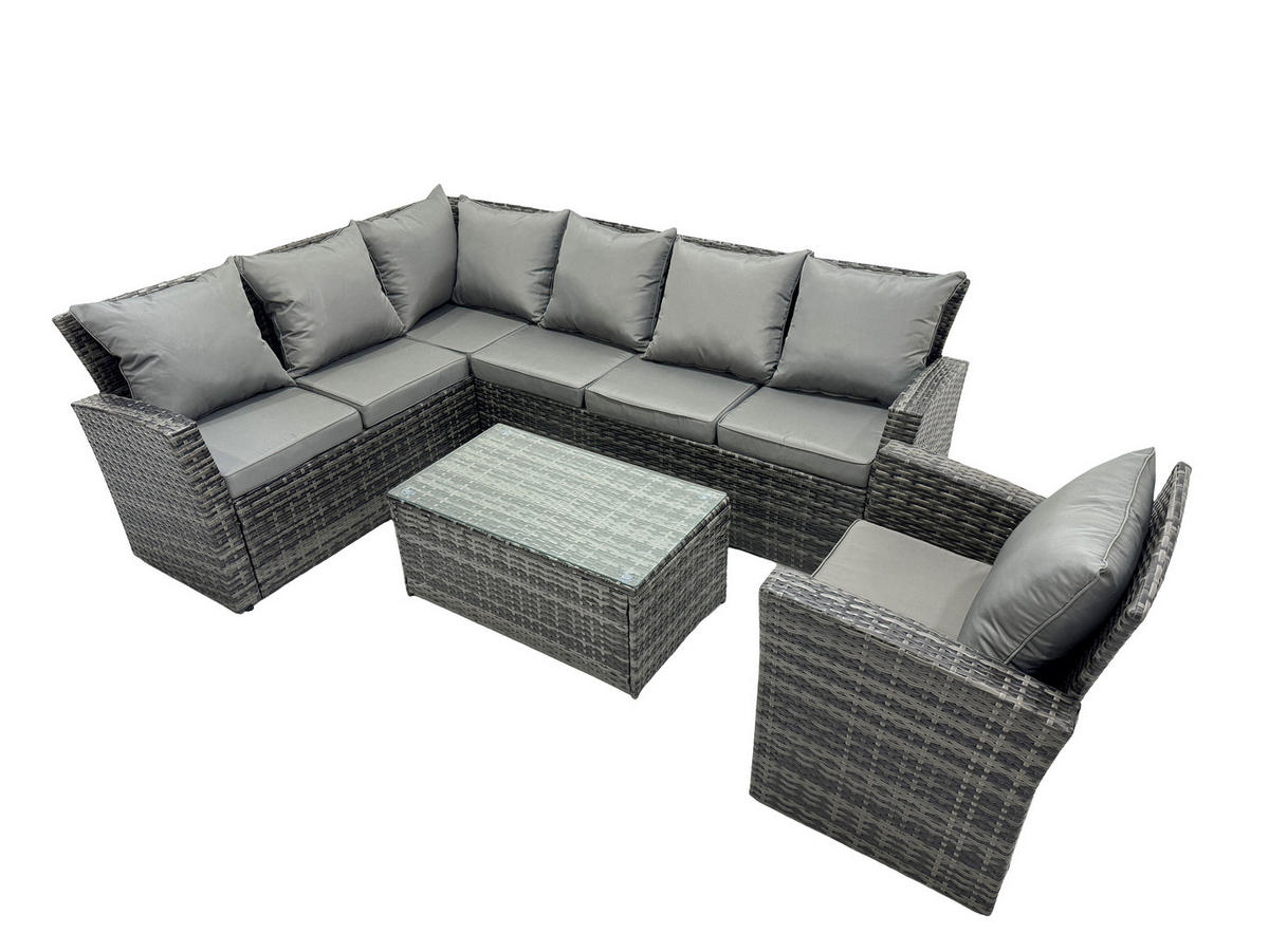 GARTENTISCHGRUPPE Polyrattan Dunkelgrau 7-Sitzer - Dunkelgrau/Grau, Glas/Kunststoff - Fimous