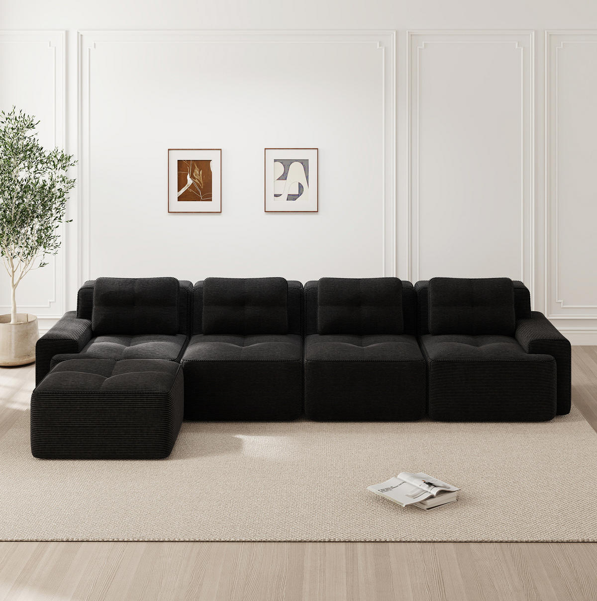 SOFA modular 4-Sitzer mit Tiefsitz Cord Schwarz - Schwarz, Kunststoff (177/382.1cm) - Meubliv