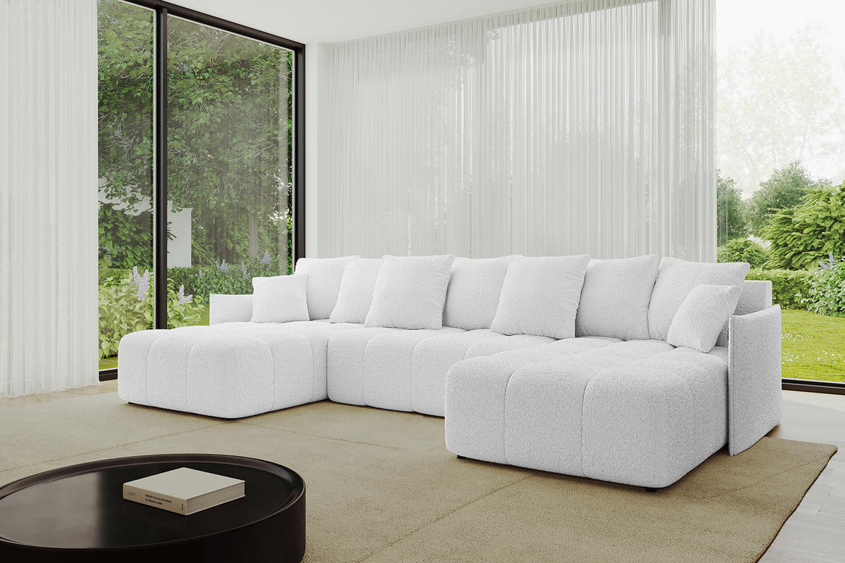 WOHNLANDSCHAFT LONLI-U 355x189x68 Weiß Bouclé - Weiß, Holzwerkstoff/Kunststoff (355/68/189cm) - ALTDECOR