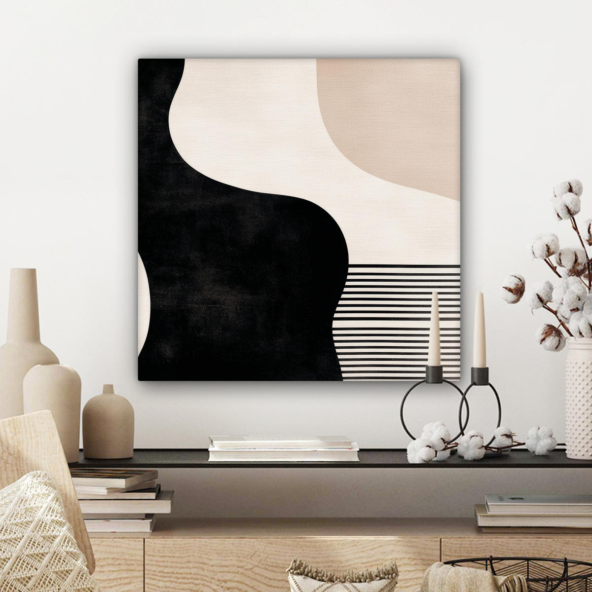 LEINWANDBILD Abstrakt - Japandi - Beige - Modern Wandbild Wohnzimmer 50x50 cm - Schwarz, Textil (50/50cm) - MuchoWow