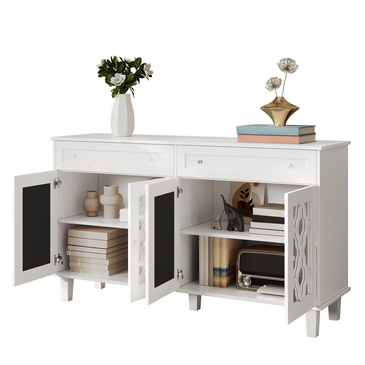 SIDEBOARD 140/40/83 cm, 4 Spiegeltüren, 2 Schubladen, MDF weiß, mit kristallförmigen Griffen, Weiß - Weiß, Holzwerkstoff (140/83/40cm) - Redom