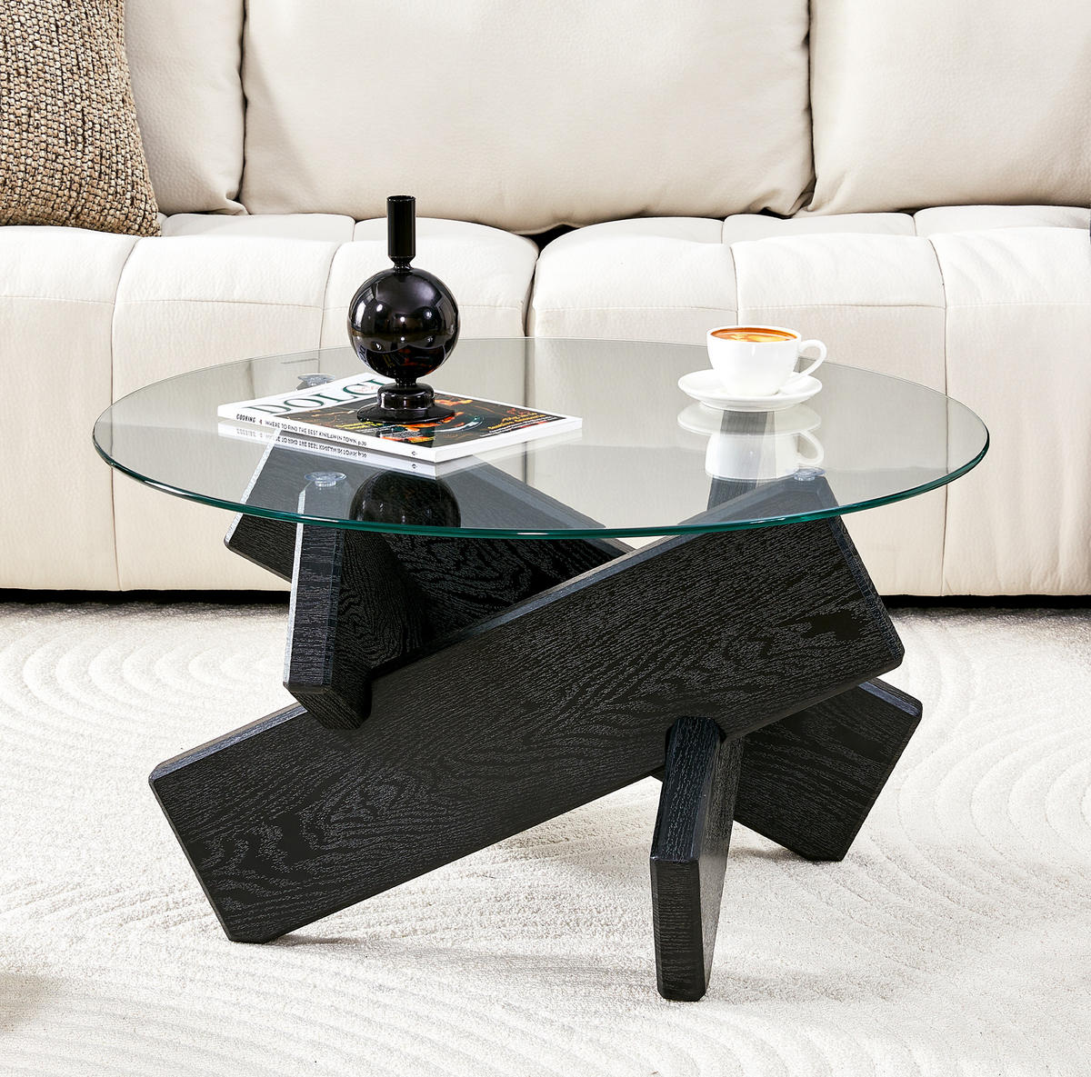 COUCHTISCH 79/45 cm aus MDF und Glas mit Kreuzgestell in Schwarz/Transparent - Schwarz, Holzwerkstoff (79/79/45cm) - Flora Grace