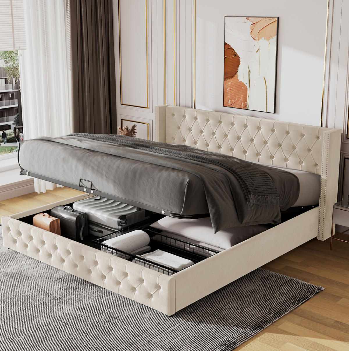 POLSTERBETT mit Bettkasten 180x200 cm Samt Beige - Beige, Metall (180/200cm) - Meubliv