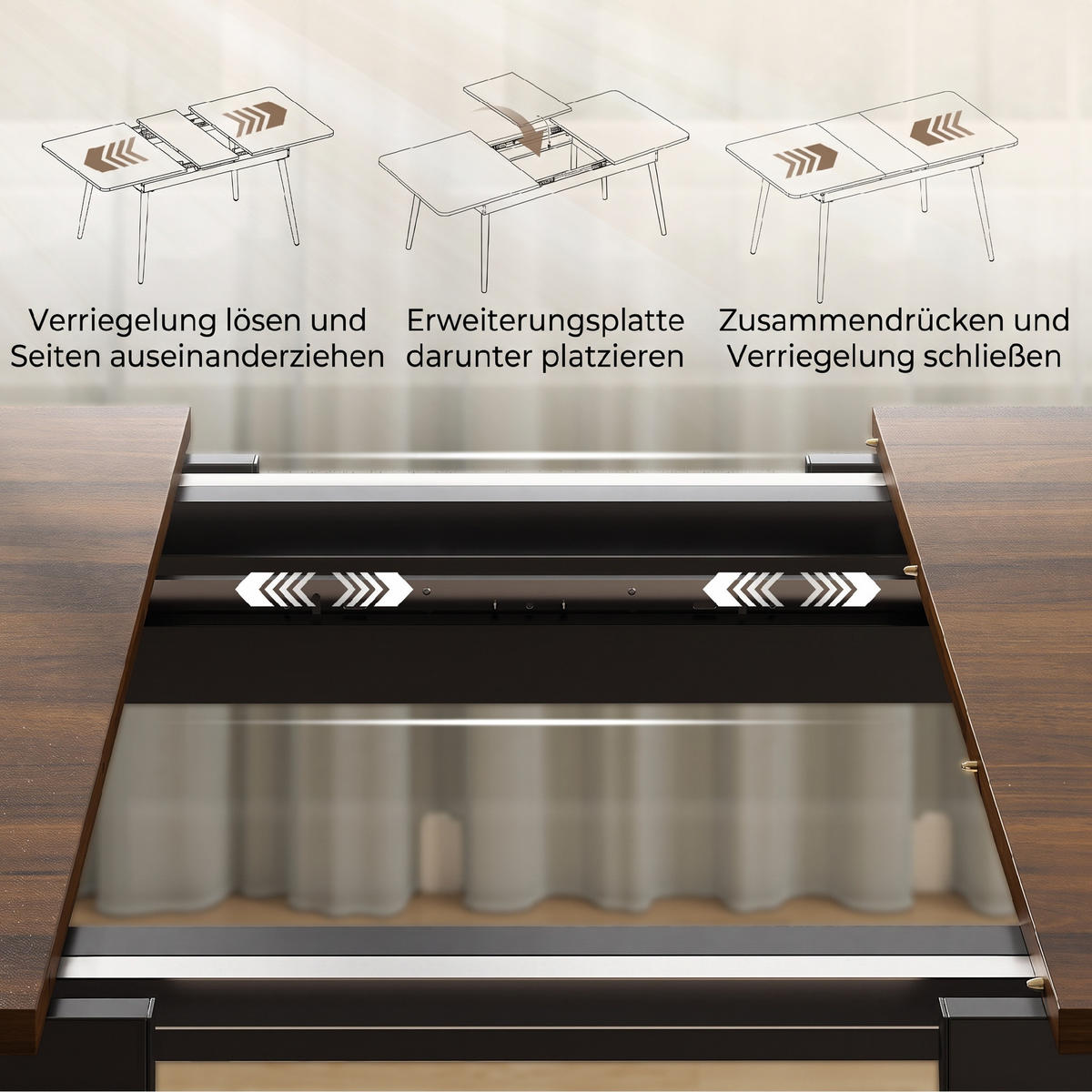 AUSZIEHBARER-ESSTISCH MDF Walnuss - Walnussfarben/Schwarz, Holzwerkstoff/Metall (160/85/75cm) - HOMCOM