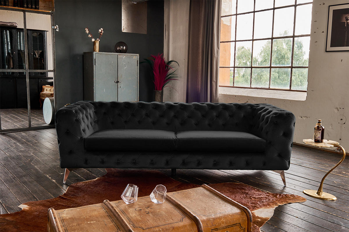 SOFA NARLA Schwarz Velvet - Silberfarben/Schwarz, Textil (219/68/84cm) - KAWOLA