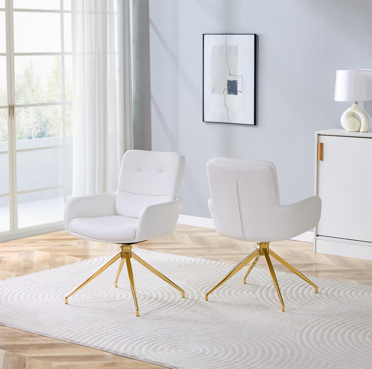 DREHSTUHL 2er-Set 360° drehbar 85 cm PU Weiß Goldfarben - Weiß, Metall (50/85/55cm) - Meubliv