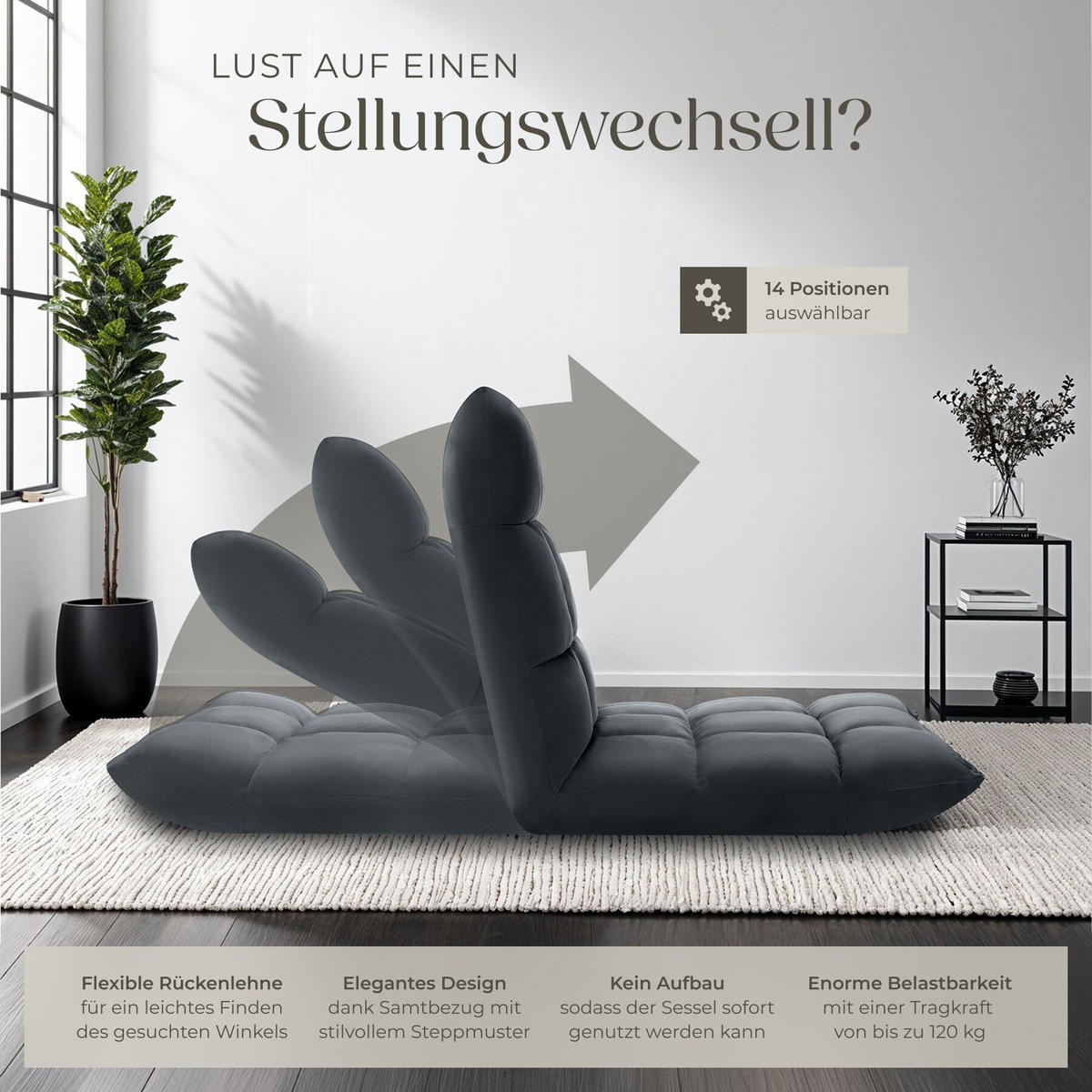 RELAXSESSEL Snooze ,108 x 57 x 13,5 cm,grau - Grau, Textil (57/13.5/108cm) - tectake