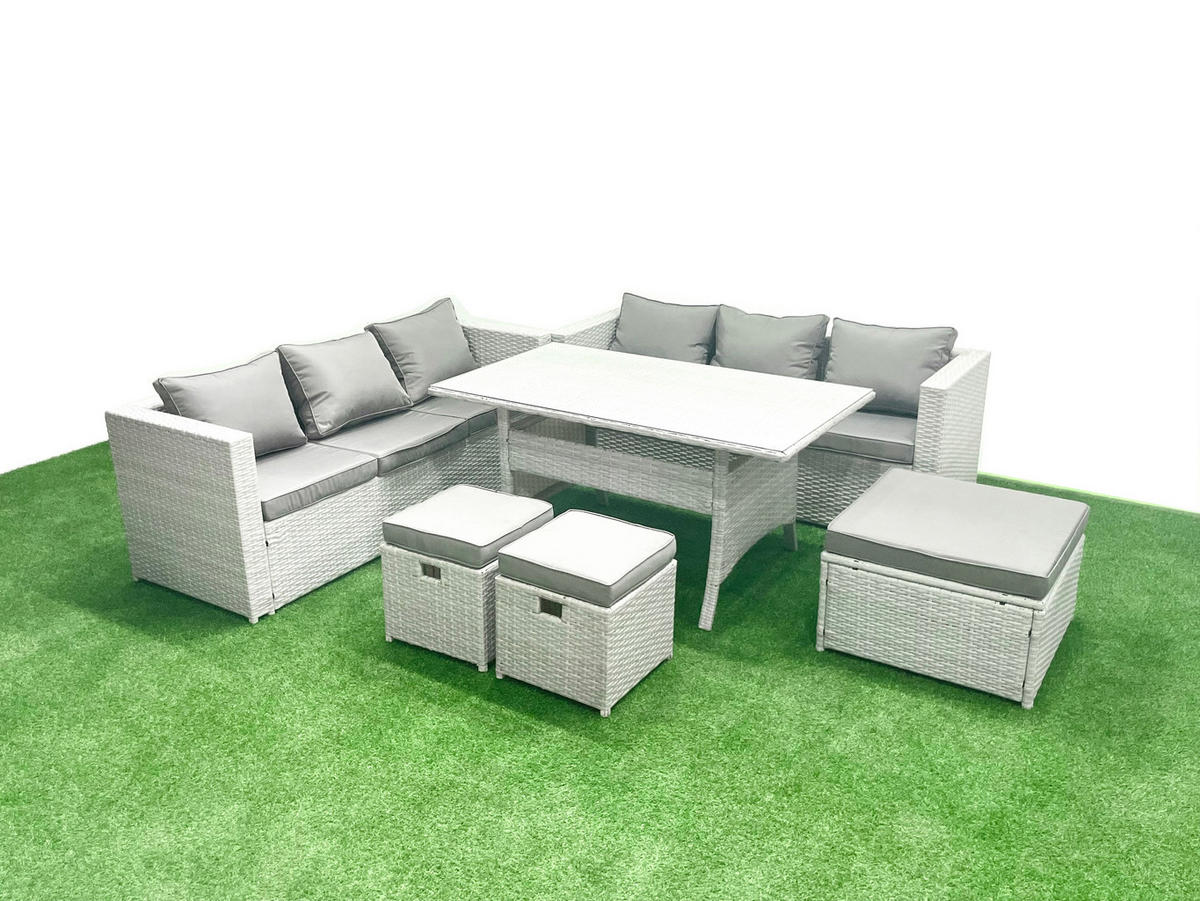 GARTENMÖBEL SET mit Esstisch,3 Hockern Polyrattan Hellgrau 9-Sitzer - Hellgrau/Grau, Glas/Kunststoff - Fimous