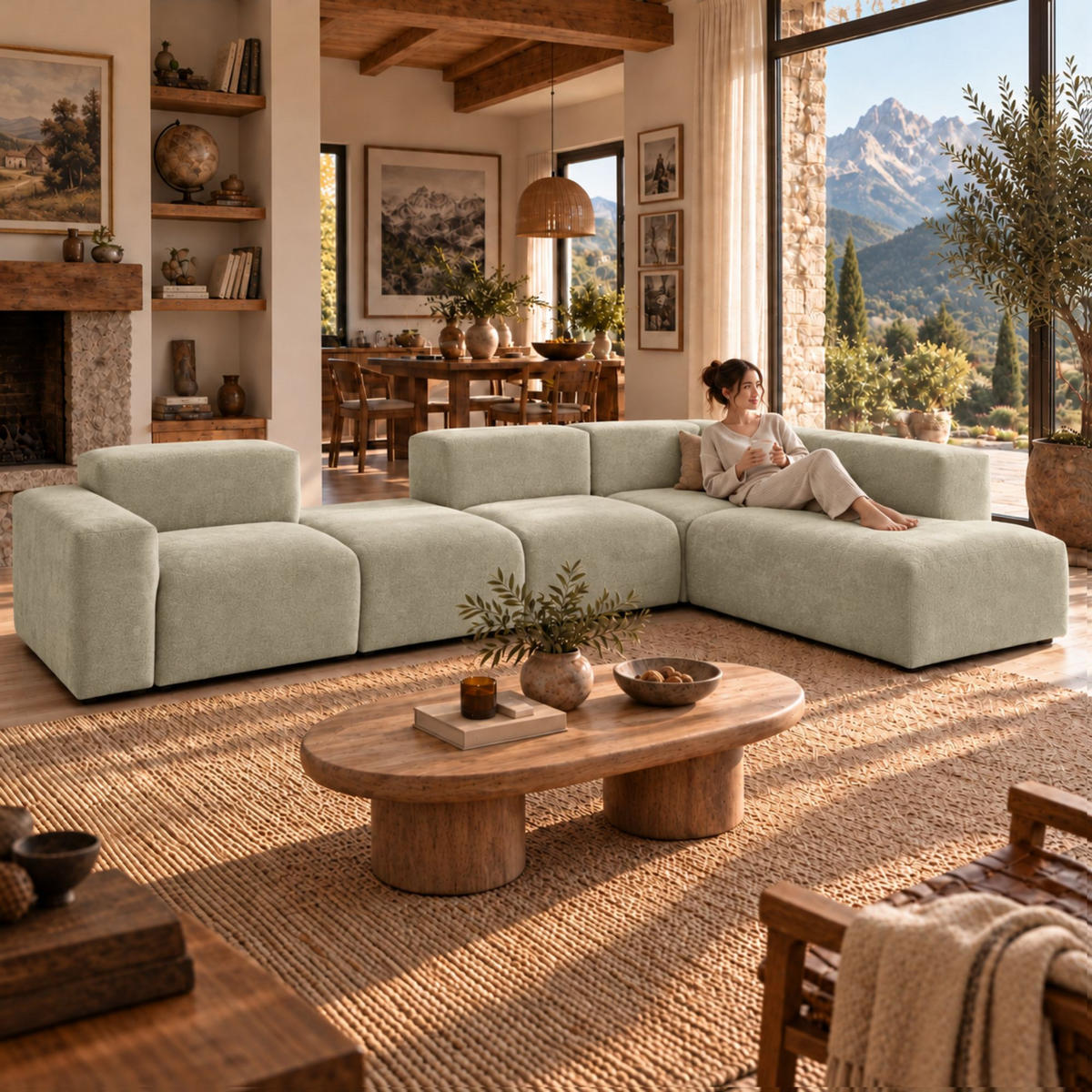 5-SITZER modulares Ecksofa HEAVEN SET 5 Rechts, Breite 380 cm Webstoff Olivgrün - Schwarz/Olivgrün, Holz/Kunststoff (245/380cm) - Muffo
