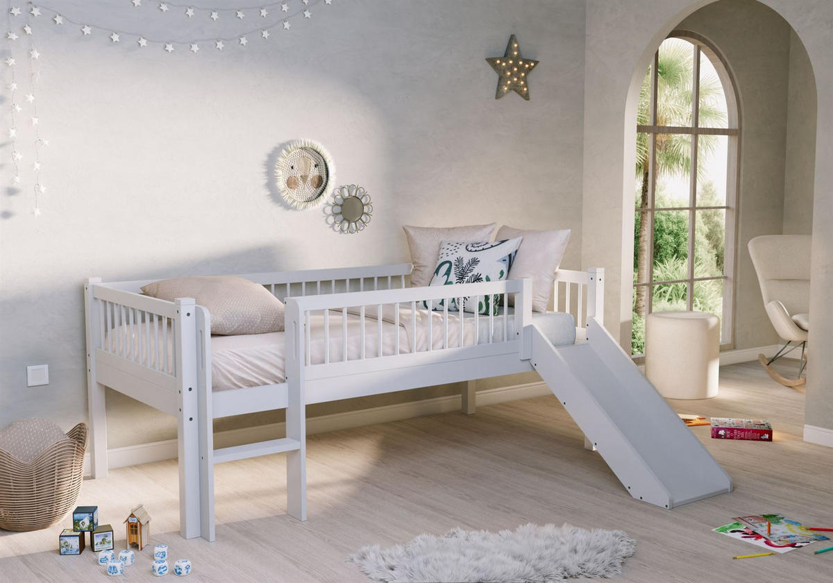 SPIELBETT 90x200 Keeley Buche Weiß mit Rutsche Leiter - Weiß, Holz (90/200cm) - 58aufmkessel