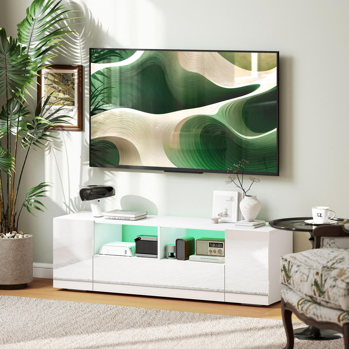 TV-LOWBOARD Weiß 137/35/42 cm, LED-Beleuchtung, Hochglanz-Front - Weiß, Holzwerkstoff (137/42/35cm) - PANGIVO