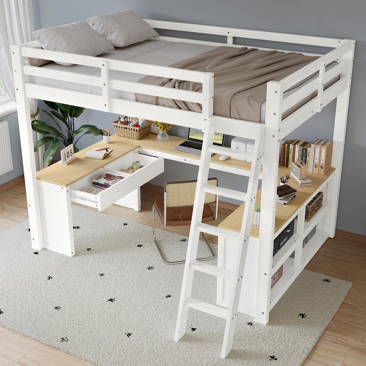 HOCHBETT 140/200 cm in Weiß & Natur mit Tisch, 2 Schubladen und Regal - Weiß/Naturfarben, Holz/Holzwerkstoff (140/200cm) - CHICFURN