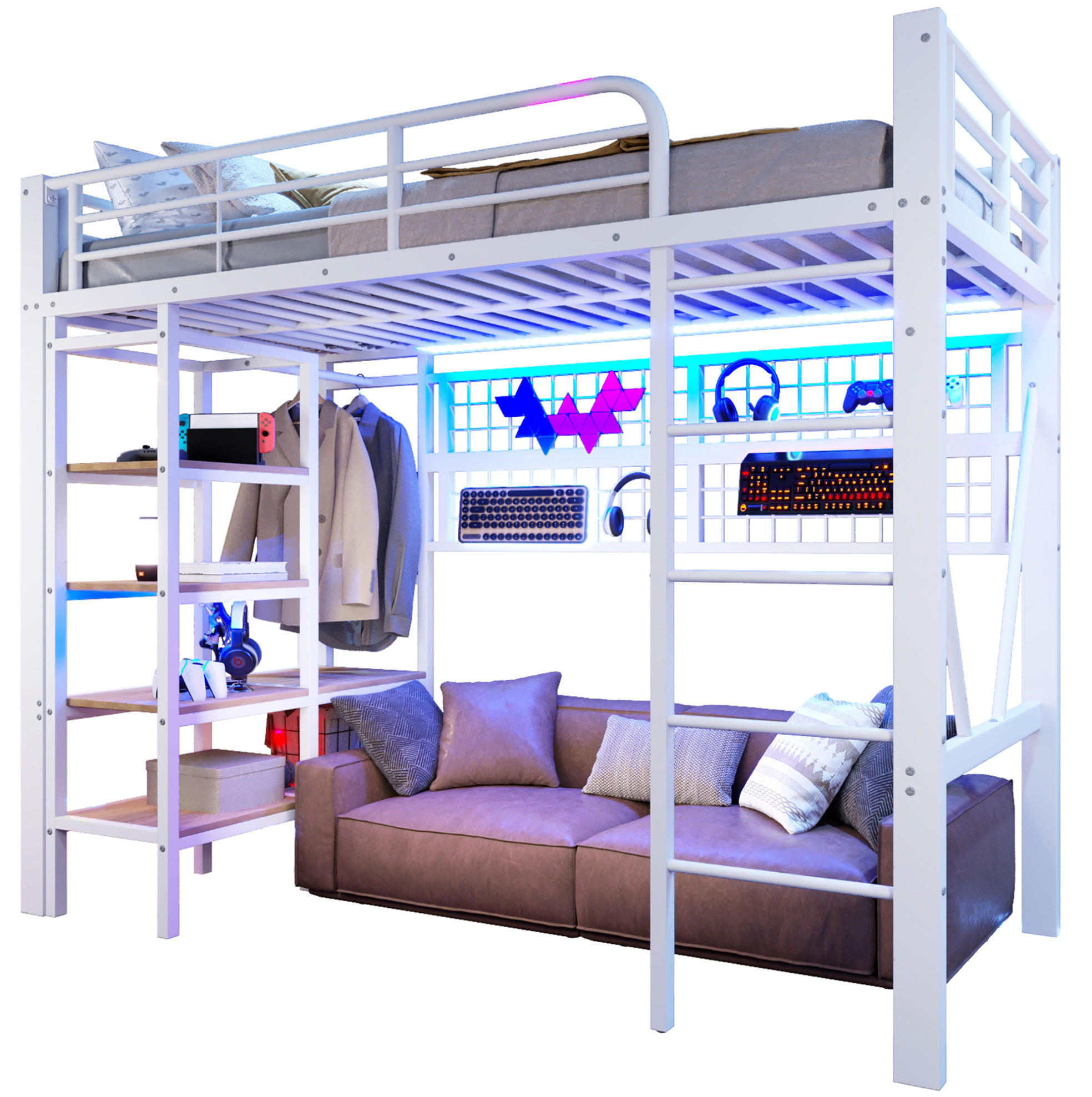HOCHBETT 90/200 cm in Weiß mit LED-Beleuchtung, Ablage und Kleiderstange - Weiß, Metall (90/200cm) - Flora Grace