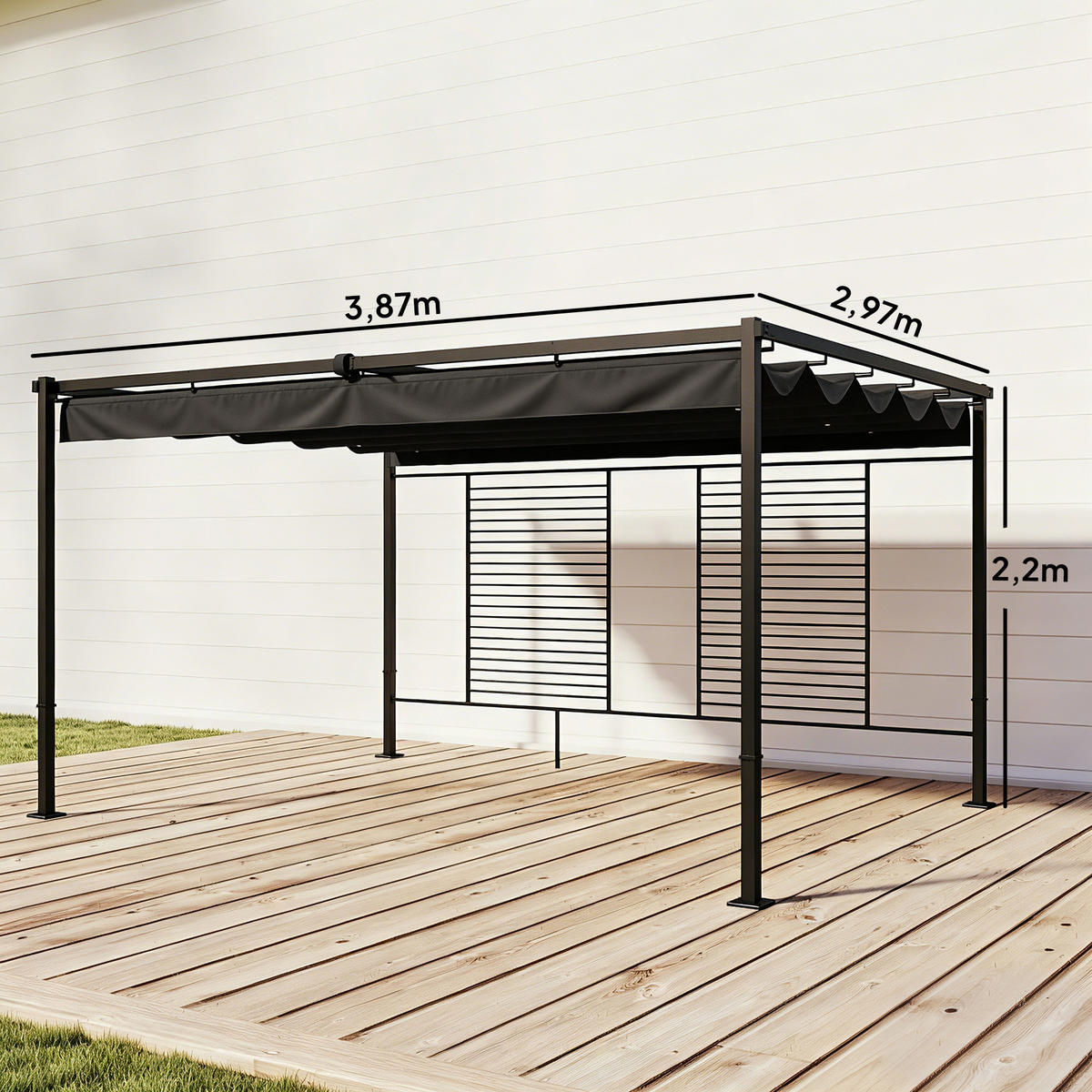 PERGOLA 3,87 x 2,97 m Terrassenüberdachung mit Schiebedach, 2 Sichtschutz, UV 50+ Dunkelgrau - Dunkelgrau, Metall (387/220/297cm)