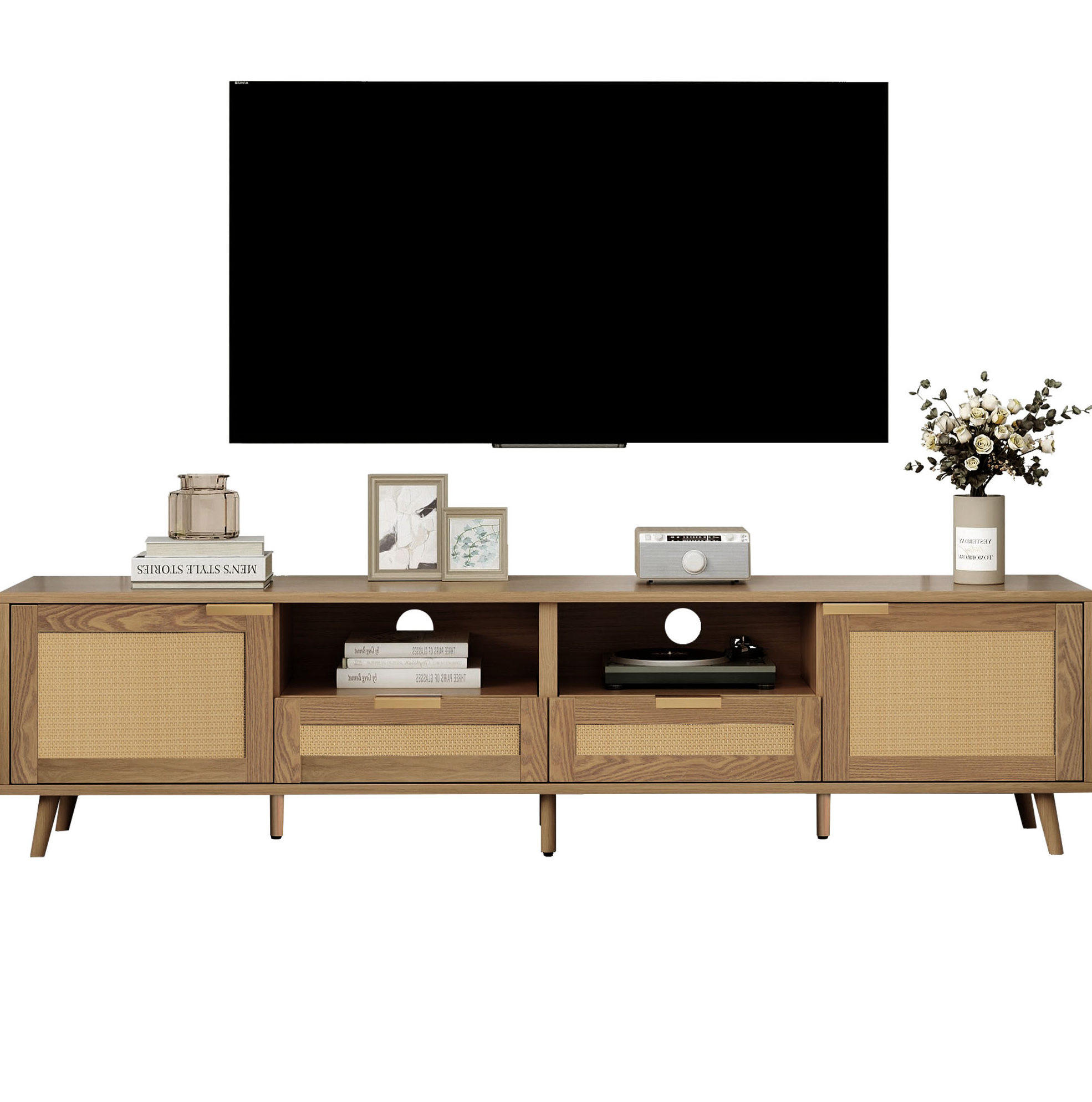 TV-LOWBOARD 200/37/49 cm mit 2 Schubladen und Rattangeflecht-Optik - Braun, Holzwerkstoff (200/49/37cm) - BEAOK