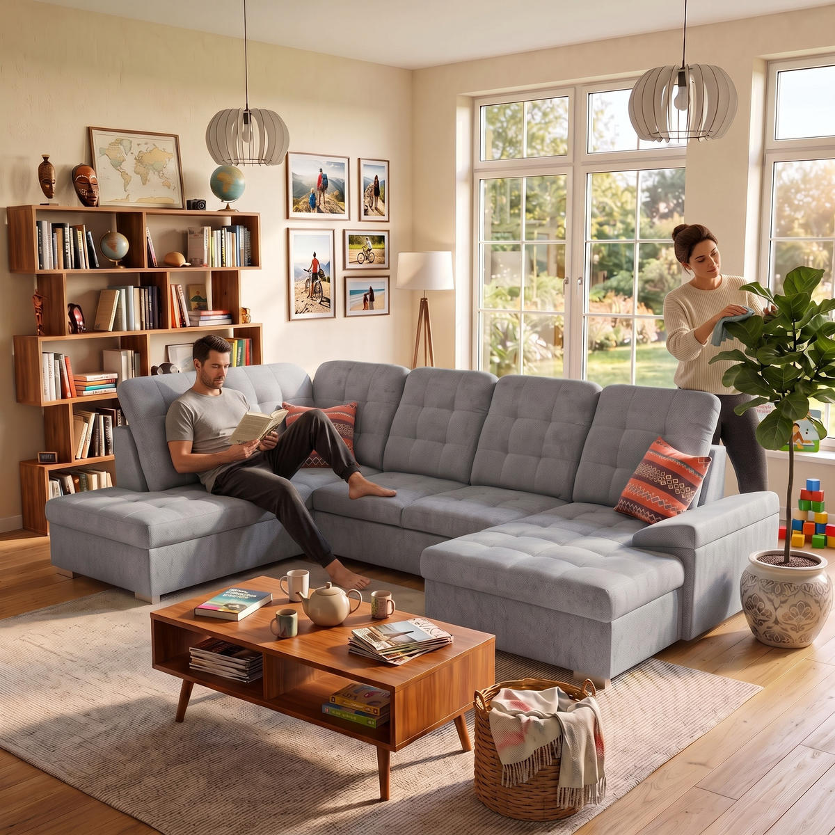 ECKSOFA U-Form OLIVIA U Links mit Schlaffunktion 124x257 Velours Hellgrau - Silberfarben/Hellgrau, Holz/Kunststoff (320/103/202cm) - Muffo